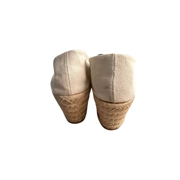 TORY BURCH Beige Black Canvas Logo Peeptoe Wedges Espadrilles Size 8.5 - Picture 10 of 12